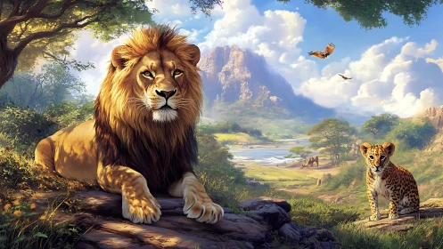 Majestic Lion and Cheetah Reign Over Sacred Mountain Valley
