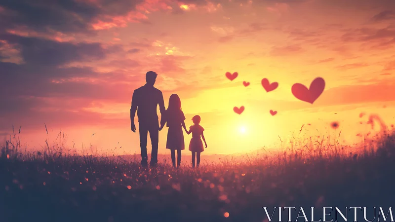 Family silhouettes holding hands amid radiant sunset field.