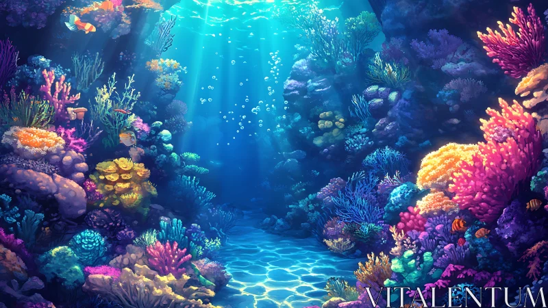 Vibrant coral reef glows under dappled tropical sunlight.