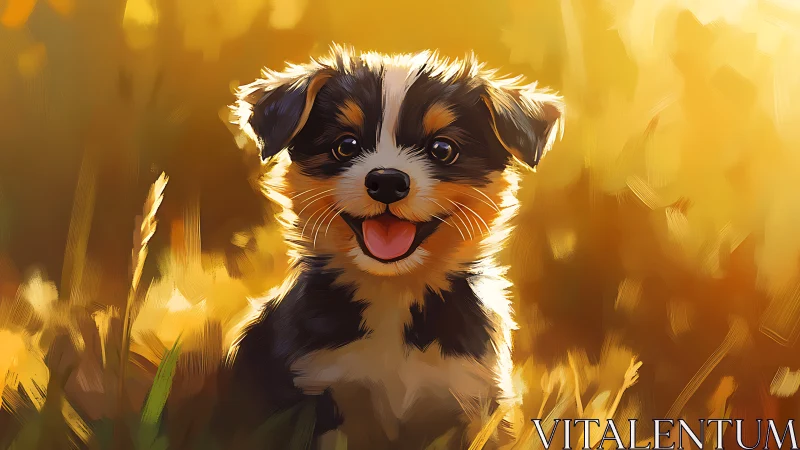Happy tricolor puppy portrait in warm golden field.