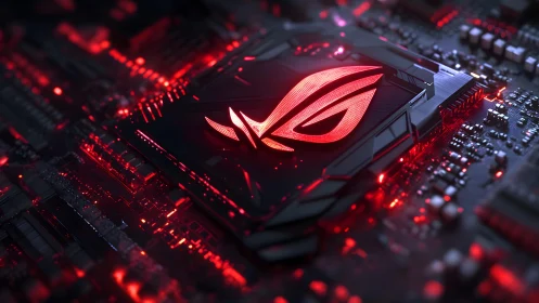 Futuristic Gaming Motherboard with Glowing Red ROG Logo, Digital Art.