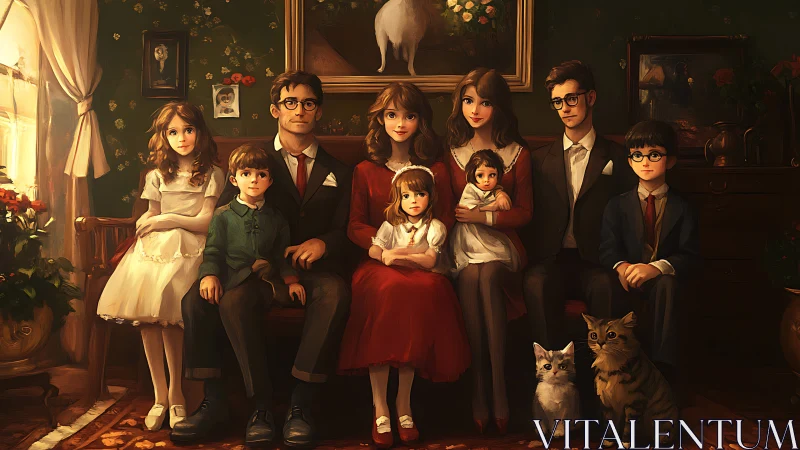 Candlelit family portrait with pets and secret smiles.