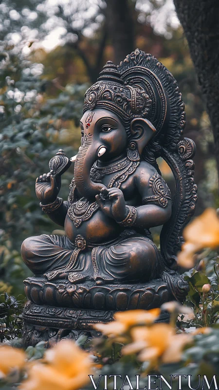 Ornate Ganesha garden statue amid soft autumn foliage.