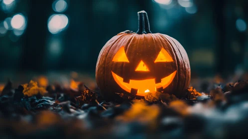Illuminated carved pumpkin on forest floor at dusk.