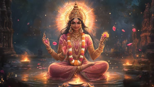 Radiant Hindu goddess seated in lotus amid glowing temple waters