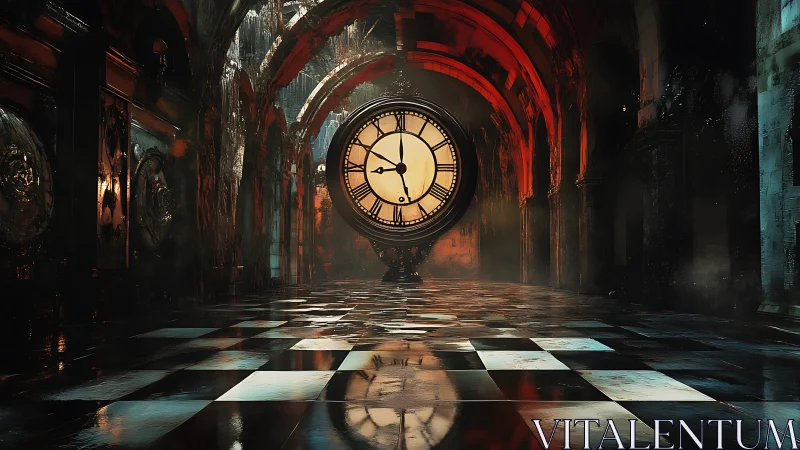 Midnight clock waits quietly in a glowing gothic hall