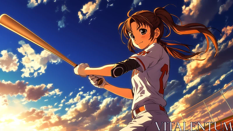 Sunset slugger girl poised beneath blazing cotton skies.