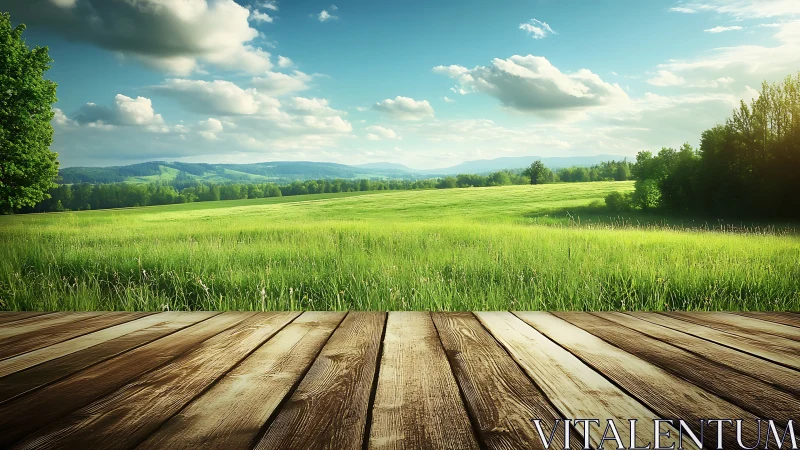Sunlit meadow stretches beyond rustic wooden terrace deck.
