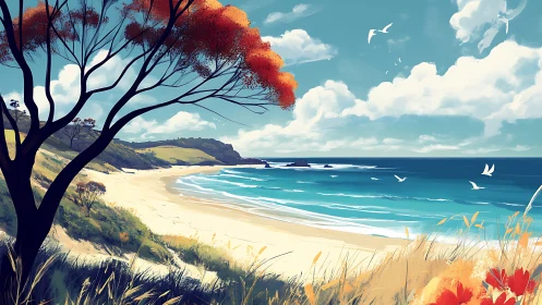 Coastal landscape illustration shows tranquil sunny bay