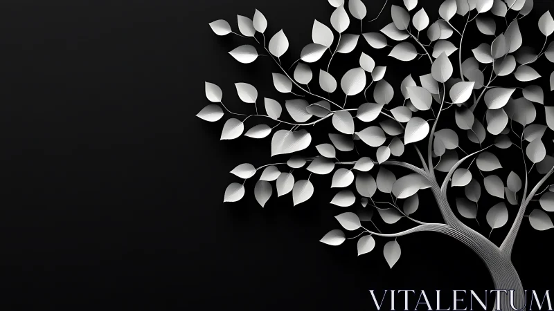 Monochrome stylized tree rendered as layered paper relief sculpture