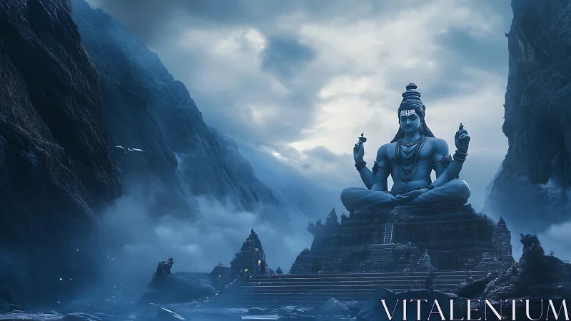 Majestic mountain deity watches calmly over misty valley