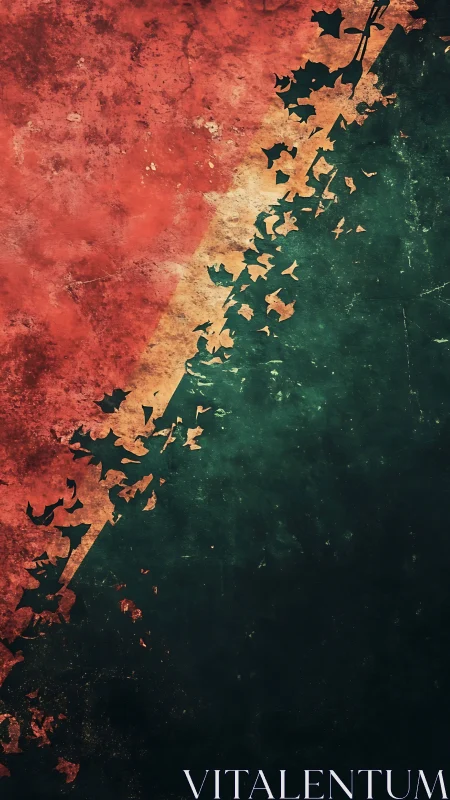 Diagonal grunge abstraction merges fractured leaf silhouettes