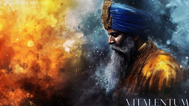 Regal turbaned elder in vivid blue and gold portrait.
