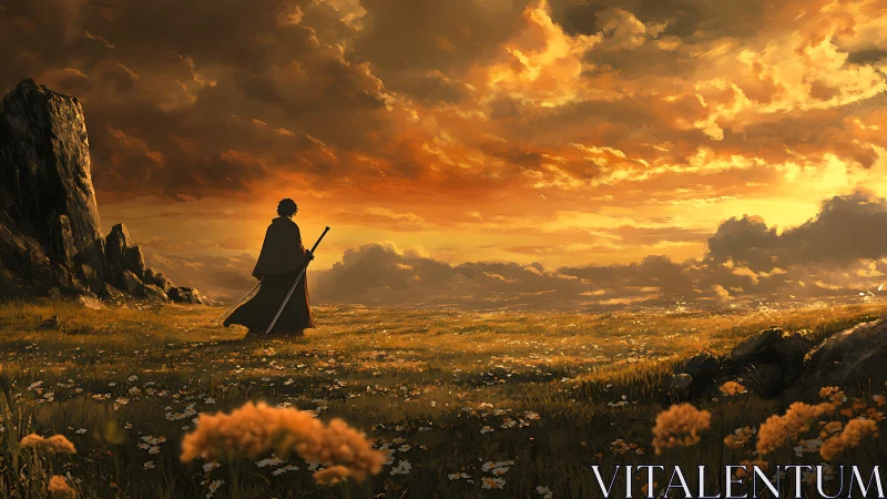 Solitary cloaked wanderer surveys sunlit meadow at dusk