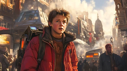 Teenager with backpack stands in dense futuristic city street