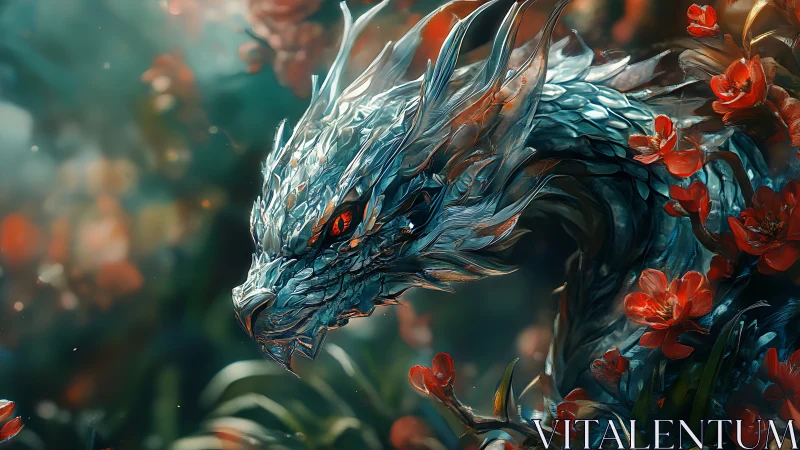 Dragon head with metallic scales moves through red flowers calmly