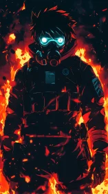 Incandescent tactical operator emerging from combustion field.