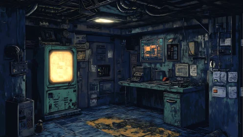 Decayed cyber control room with teal consoles and grimy CRT glow.