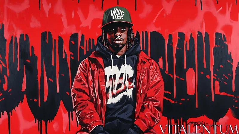 Urban portrait with red graffiti field and streetwear focus.