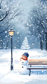 Snow-covered park scene shows tilted snowman by bench