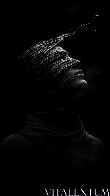Shrouded profile with flowing blindfold in deep shadow.