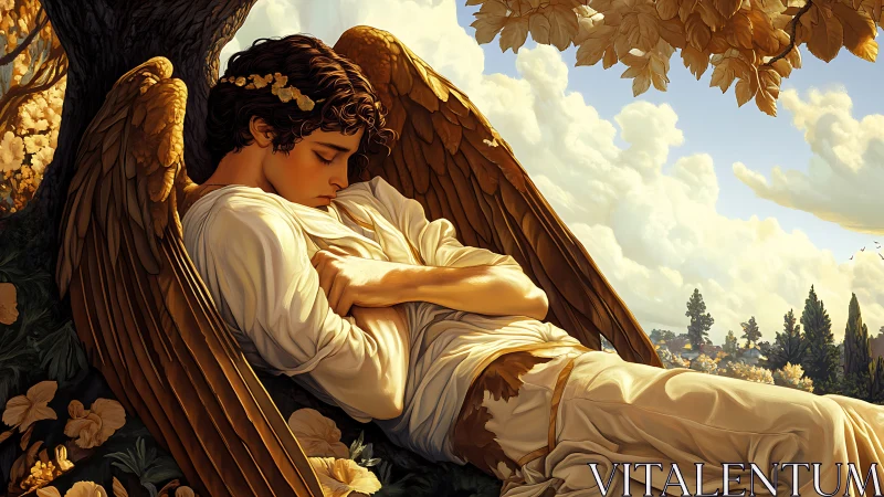 Golden-winged angel dreaming beneath sunlit autumn leaves.