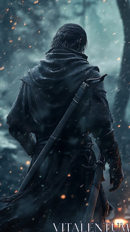 Snowlit ranger stalks through embers in a haunted forest.