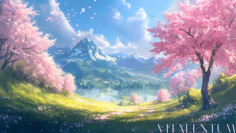 Spring alpine valley with cherry blossoms and snowcapped peak