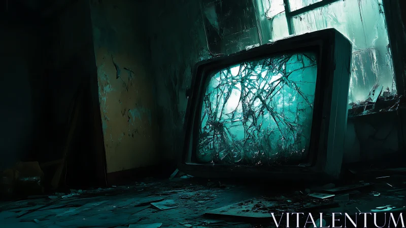 Broken teal television glowing in a quiet abandoned room.
