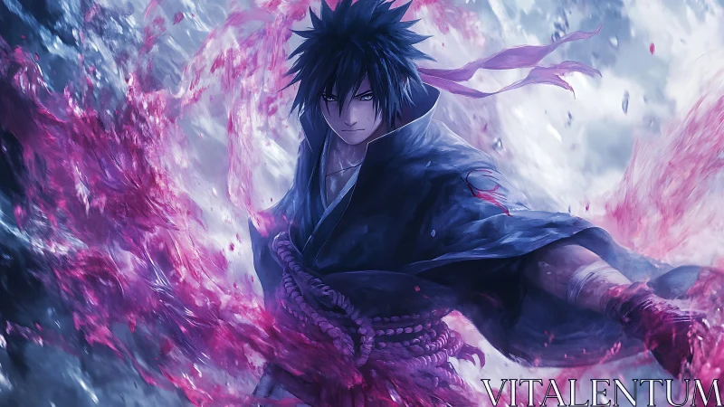Dark-haired anime fighter amid swirling magenta energy field.
