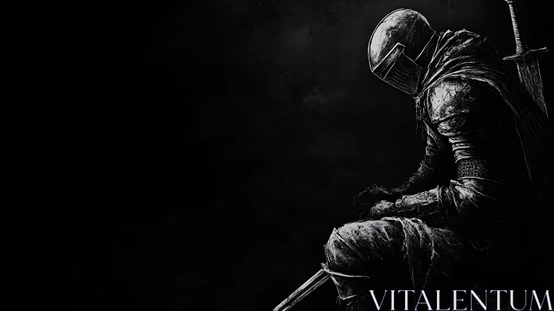 Quiet knight at rest in the shadows after battle.