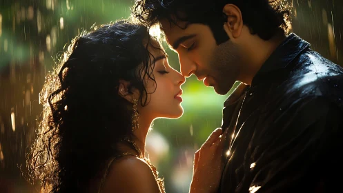 Couple in rain with rim lighting during moment of proximity.