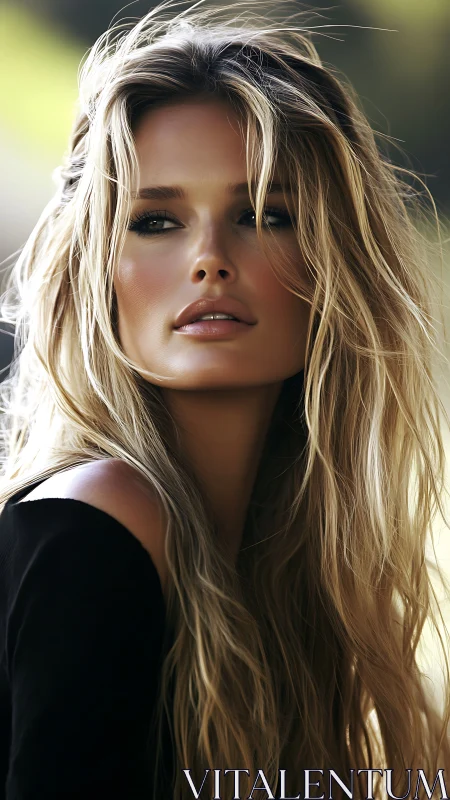 Portrait shows long haired woman in soft outdoor lighting