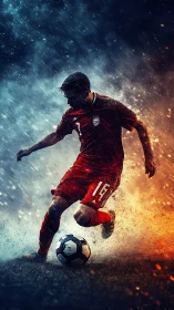 Dynamic soccer player between fire and ice storm field.