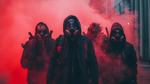 Hooded gas mask squad advances through dense red smoke haze