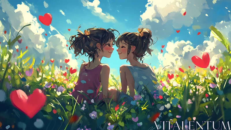 Sunlit couple in floral meadow with floating red hearts.