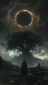 Dark fantasy tableau with eclipsed sigil above world tree.