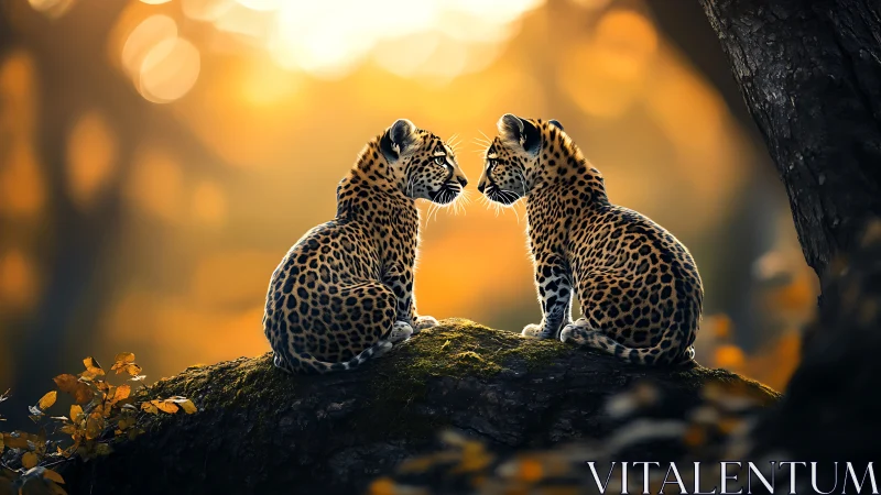 Twin Leopard Cubs on Branch at Golden Hour