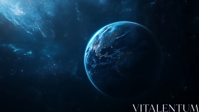 Rendered Earth globe shows illuminated continents in deep space