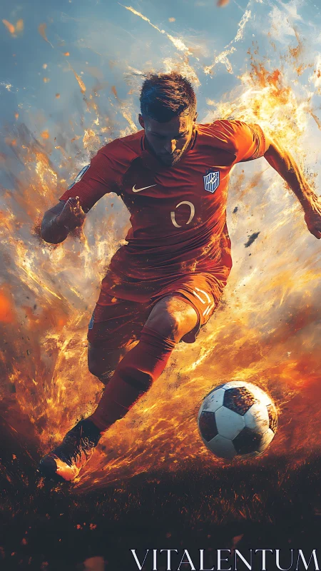 Soccer player in red kit running through fiery visual effects.