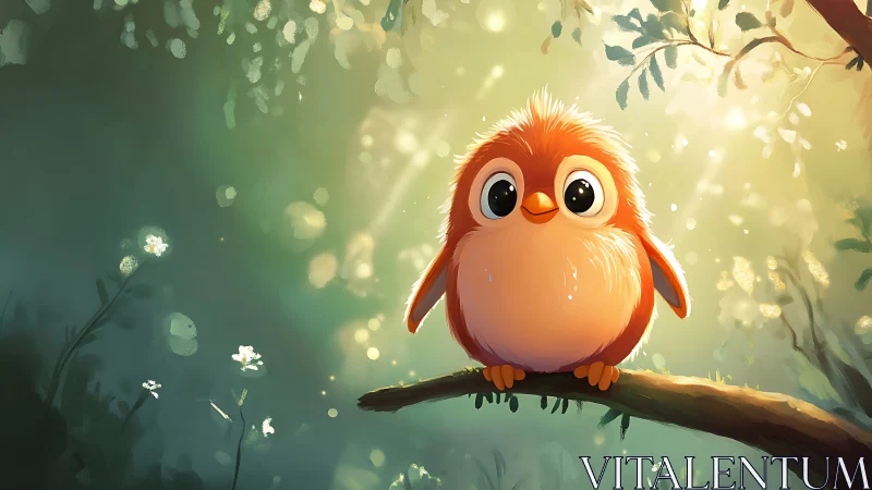 Adorable Cartoon Bird Perched on Sunlit Branch, Whimsical Style.