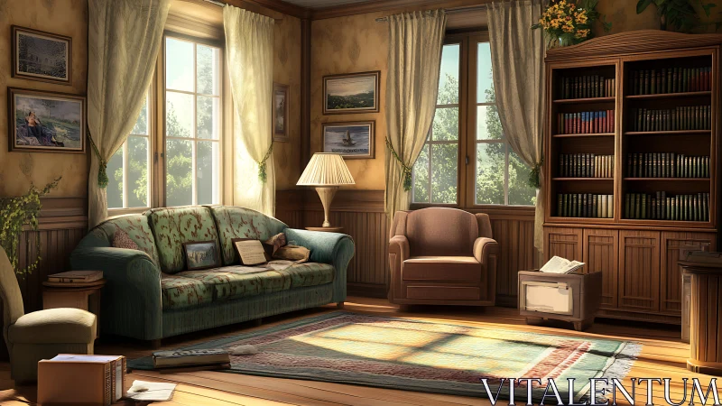 Sunlit classic reading lounge with vintage wood finishes.