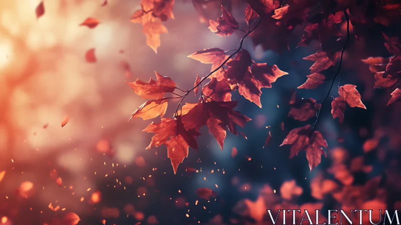 Backlit autumn maple leaves drift through shallow-depth bokeh field