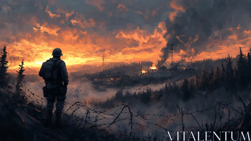 Lone soldier watches burning valley under a fierce war-torn dawn
