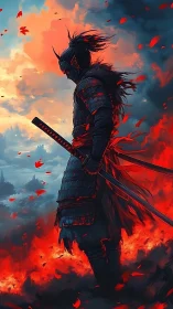 Lone armored samurai walks through burning embers at dusk