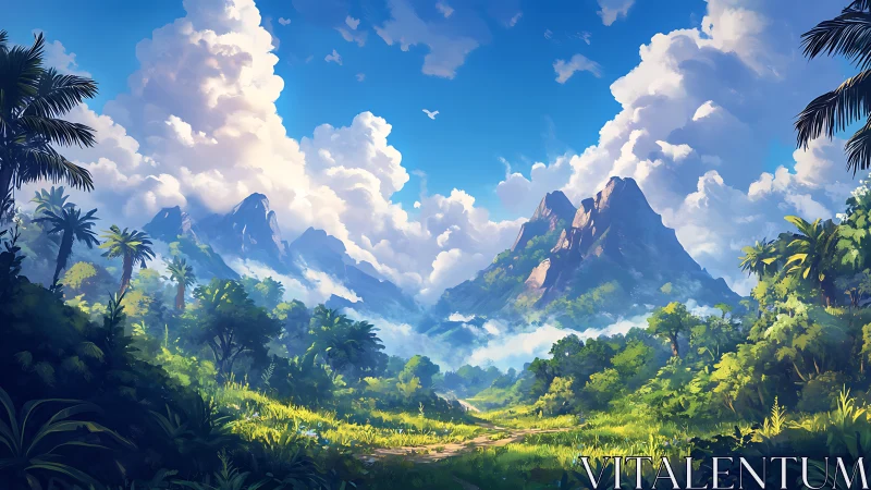 Vast tropical valley framed by cloud-laden volcanic peaks