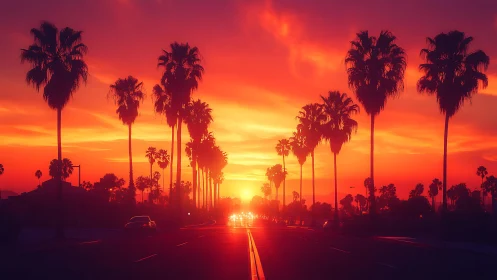 Palm-lined roadway extends toward intense sunset horizon