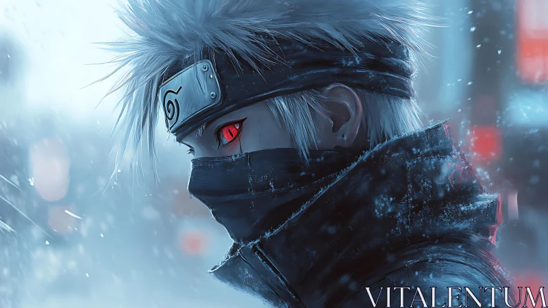 Masked silver-haired figure stands in snowy, backlit street