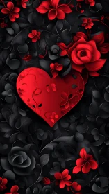 3D Rendered Dimensional Red Heart with Ornamental Floral Motifs on Textured Black Background