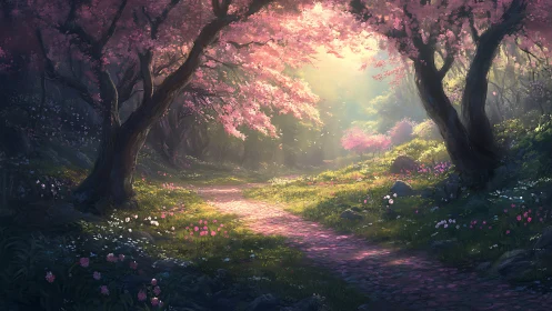 Enchanted Forest Path Through Blooming Pink Trees.